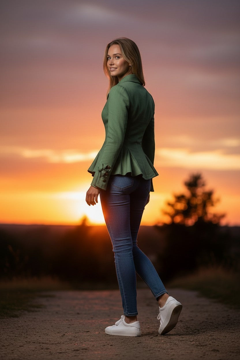 Scarlett Stitch sage green tailored peplum jacket with button detail on cuffs, worn by a woman with jeans at sunset.