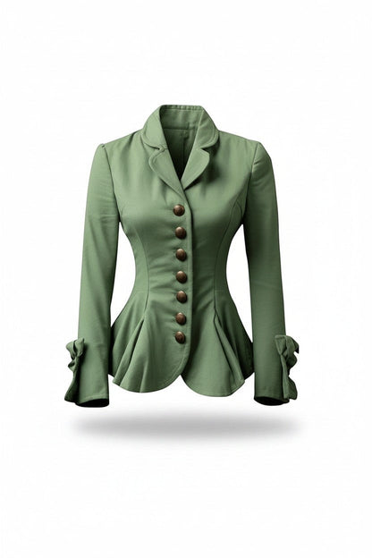 Scarlett Stitch sage green tailored peplum jacket with button detail and bow cuffs.