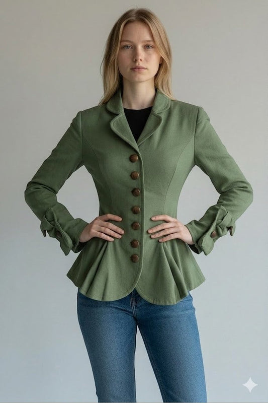 Scarlett Stitch sage green tailored peplum jacket with button detail and bow cuffs, worn by a model with blue jeans.