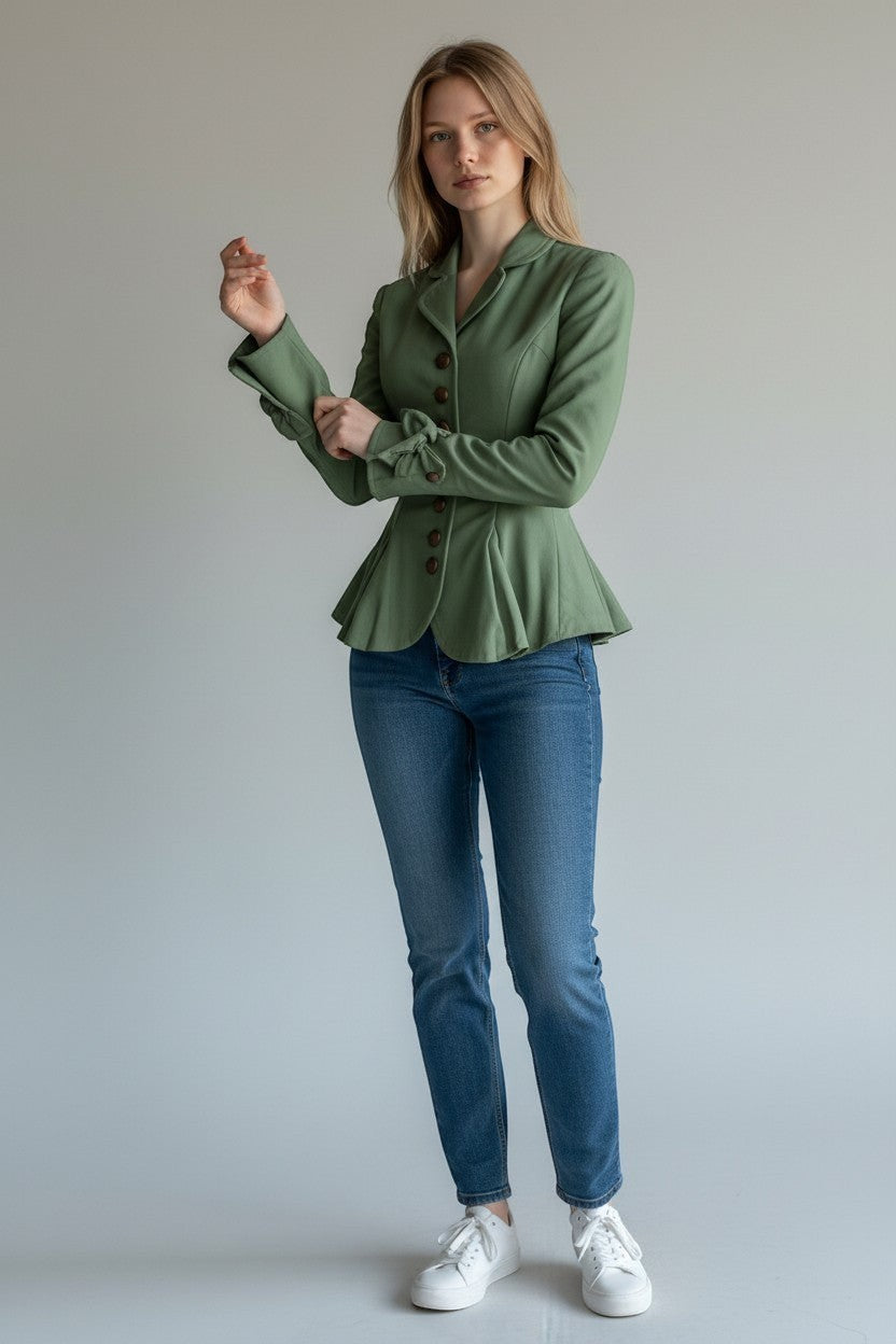 Scarlett Stitch sage green tailored peplum jacket with button detail and bow cuffs, worn by a model with blue jeans.