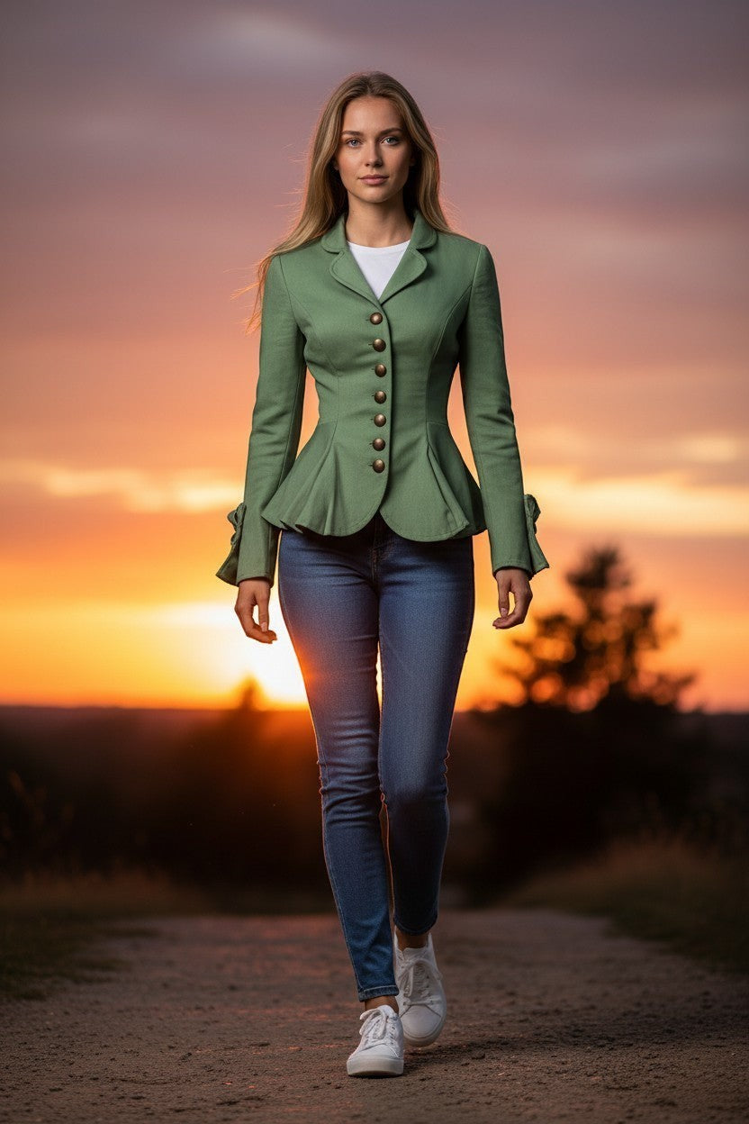 Scarlett Stitch sage green tailored peplum jacket with antique brass buttons and bow cuff detail, worn by a woman in jeans.