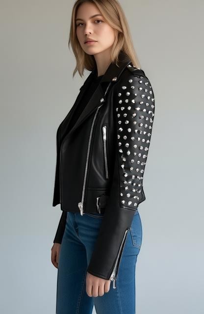 Model wearing a Scarlett Stitch black leather biker jacket with silver stud embellishments on sleeves and shoulders.