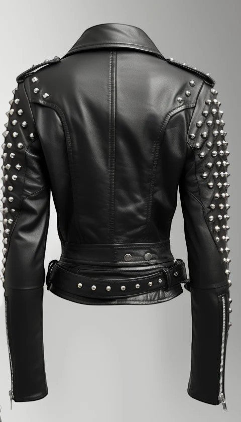 Scarlett Stitch black leather biker jacket with silver stud embellishments on sleeves and shoulders, belted waist.