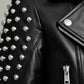 Scarlett Stitch black leather biker jacket with silver stud embellishments on shoulders and sleeves