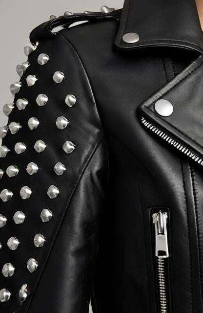 Scarlett Stitch black leather biker jacket with silver stud embellishments on shoulders and sleeves