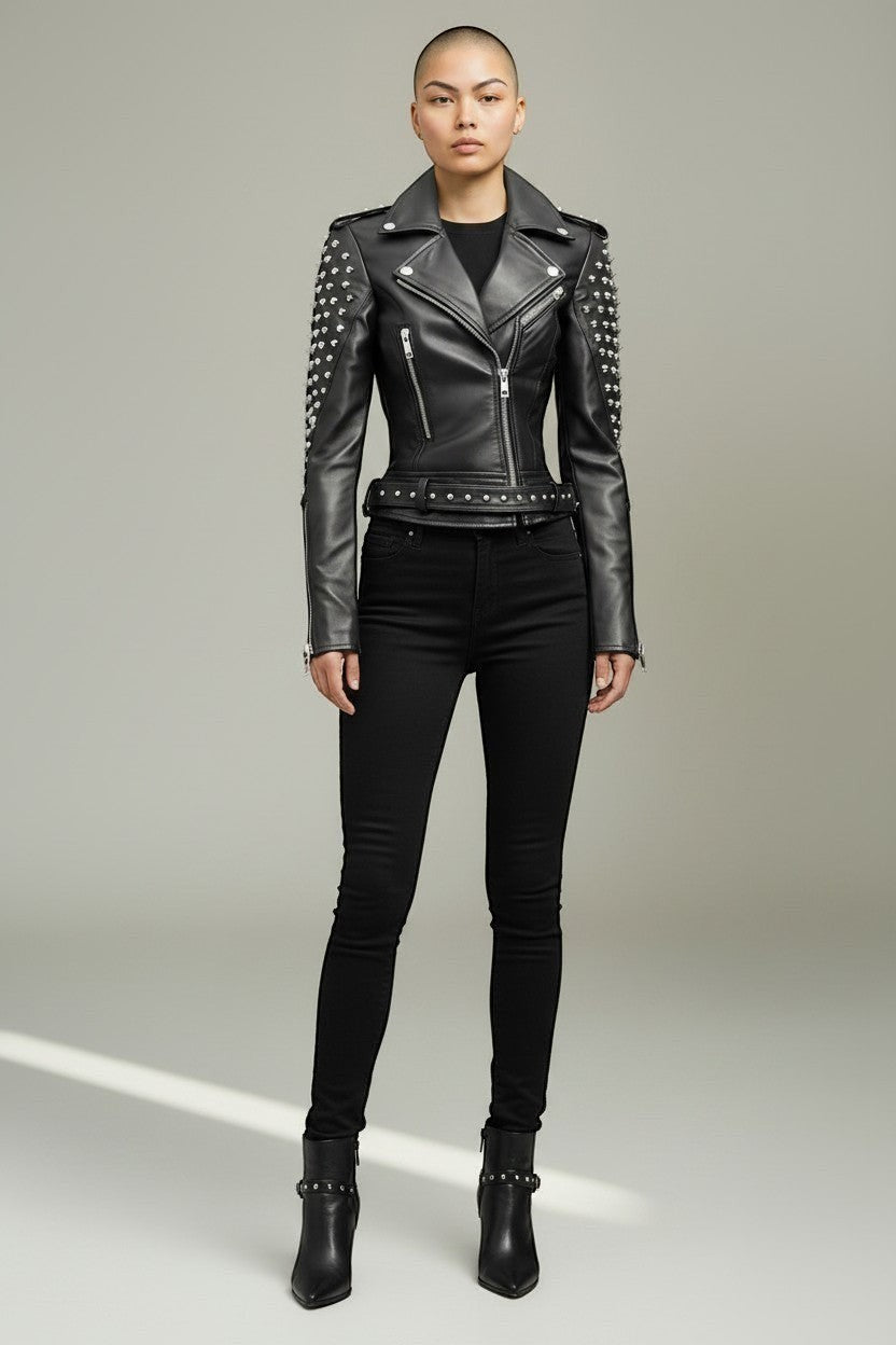 Scarlett Stitch black leather biker jacket with silver stud embellishments on sleeves and shoulders, worn by a model.