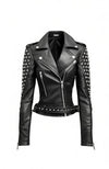 Scarlett Stitch black leather biker jacket with silver stud embellishments, notched lapels, and adjustable waist belt.