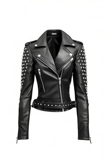 Scarlett Stitch black leather biker jacket with silver stud embellishments, notched lapels, and adjustable waist belt.