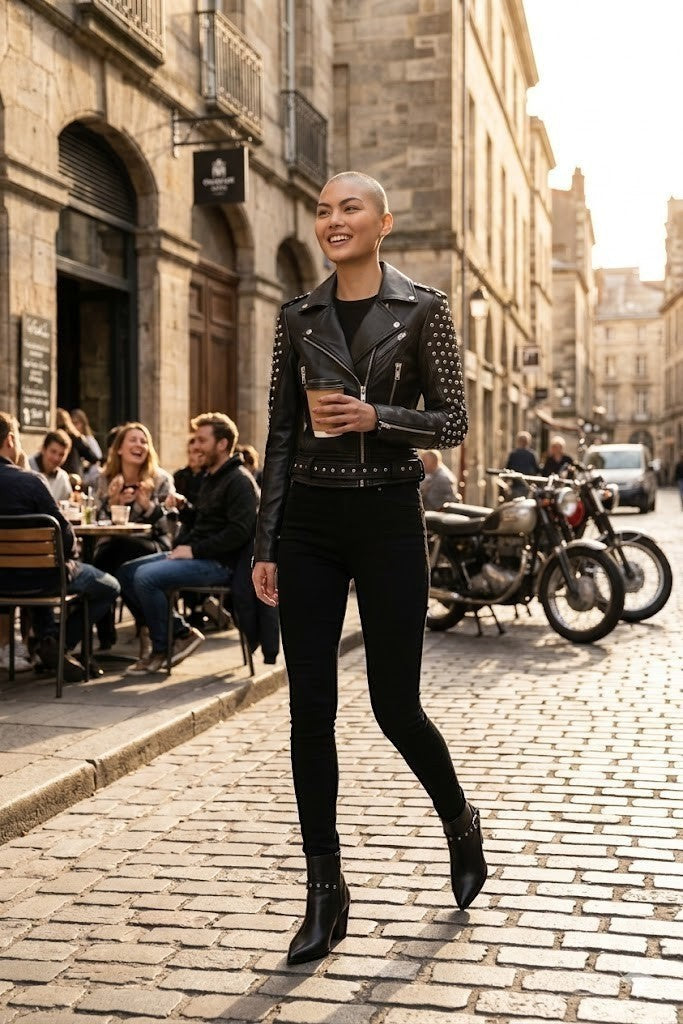 Scarlett Stitch black leather biker jacket with silver studs, worn by a model on a cobblestone street.