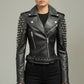 Scarlett Stitch black leather biker jacket with silver stud embellishments on sleeves, notched lapels, and waist belt.