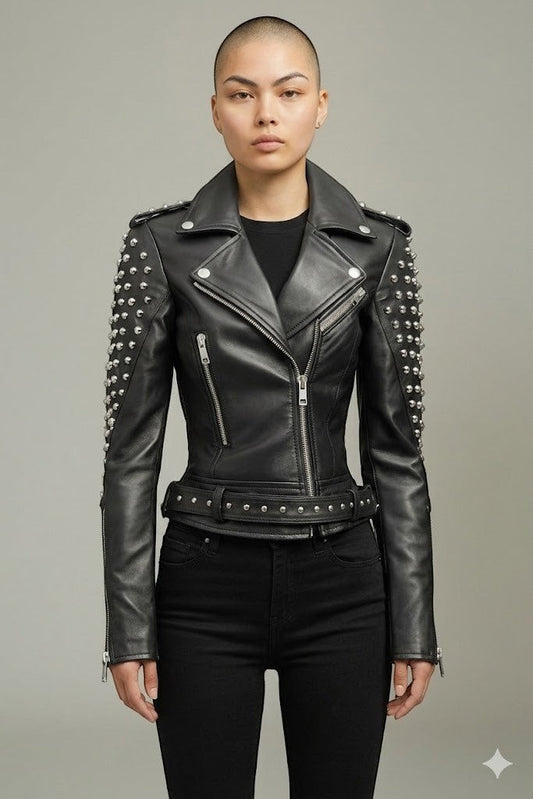 Scarlett Stitch black leather biker jacket with silver stud embellishments on sleeves, notched lapels, and waist belt.
