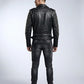 Scarlett Stitch black leather biker jacket with silver stud detailing on sleeves, worn by a man from behind.