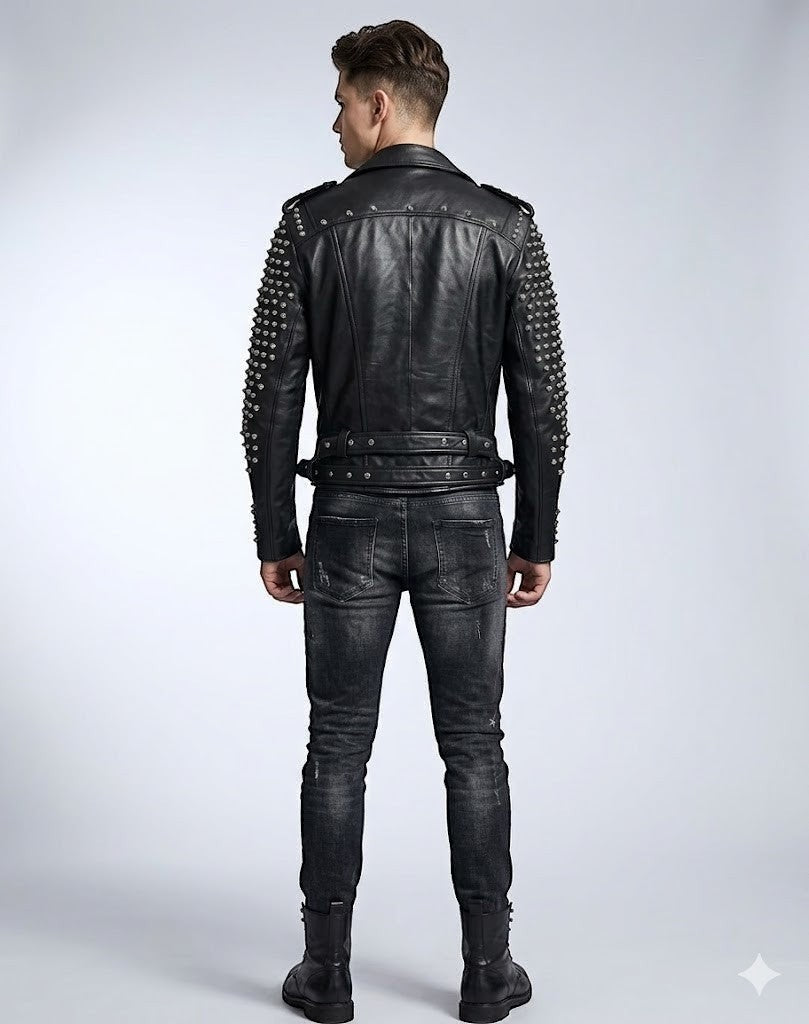 Scarlett Stitch black leather biker jacket with silver stud detailing on sleeves, worn by a man from behind.