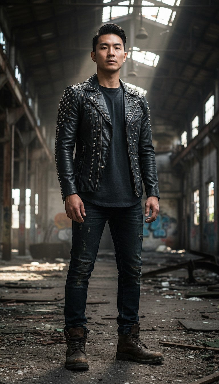 Scarlett Stitch black leather motorcycle jacket for men with silver studs, lapel collar, zip closure, and zippered cuffs.