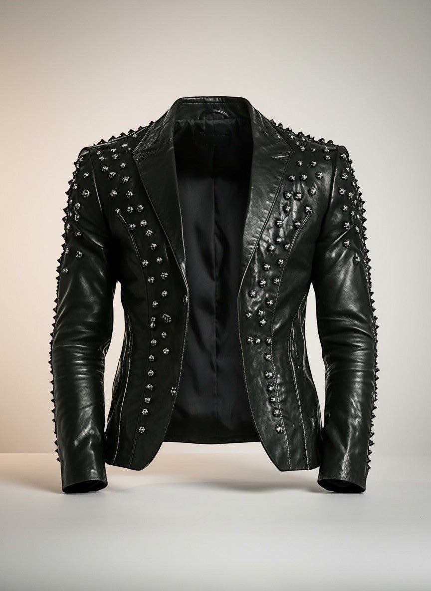 Scarlett Stitch black leather motorcycle jacket for men with silver-toned studs on shoulders and sleeves.