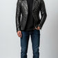 Scarlett Stitch black leather motorcycle jacket for men with silver studs, lapel collar, zip closure, and zippered cuffs.