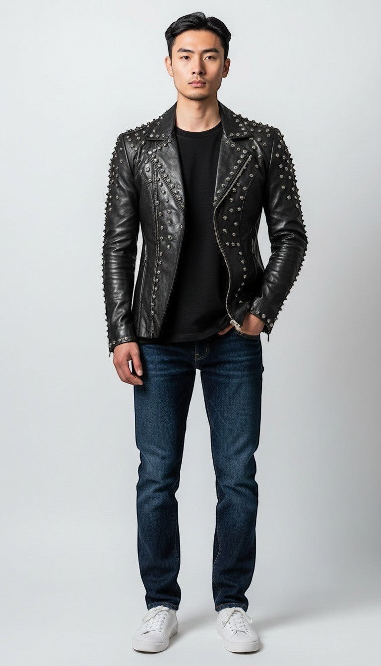Scarlett Stitch black leather motorcycle jacket for men with silver studs, lapel collar, zip closure, and zippered cuffs.