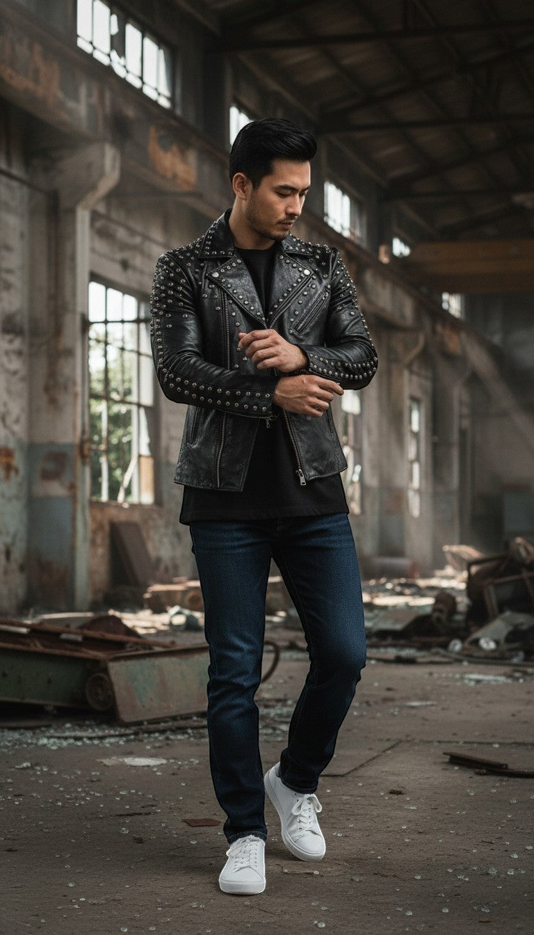 Scarlett Stitch black leather motorcycle jacket for men with silver studs, lapel collar, zip closure, and zippered cuffs.