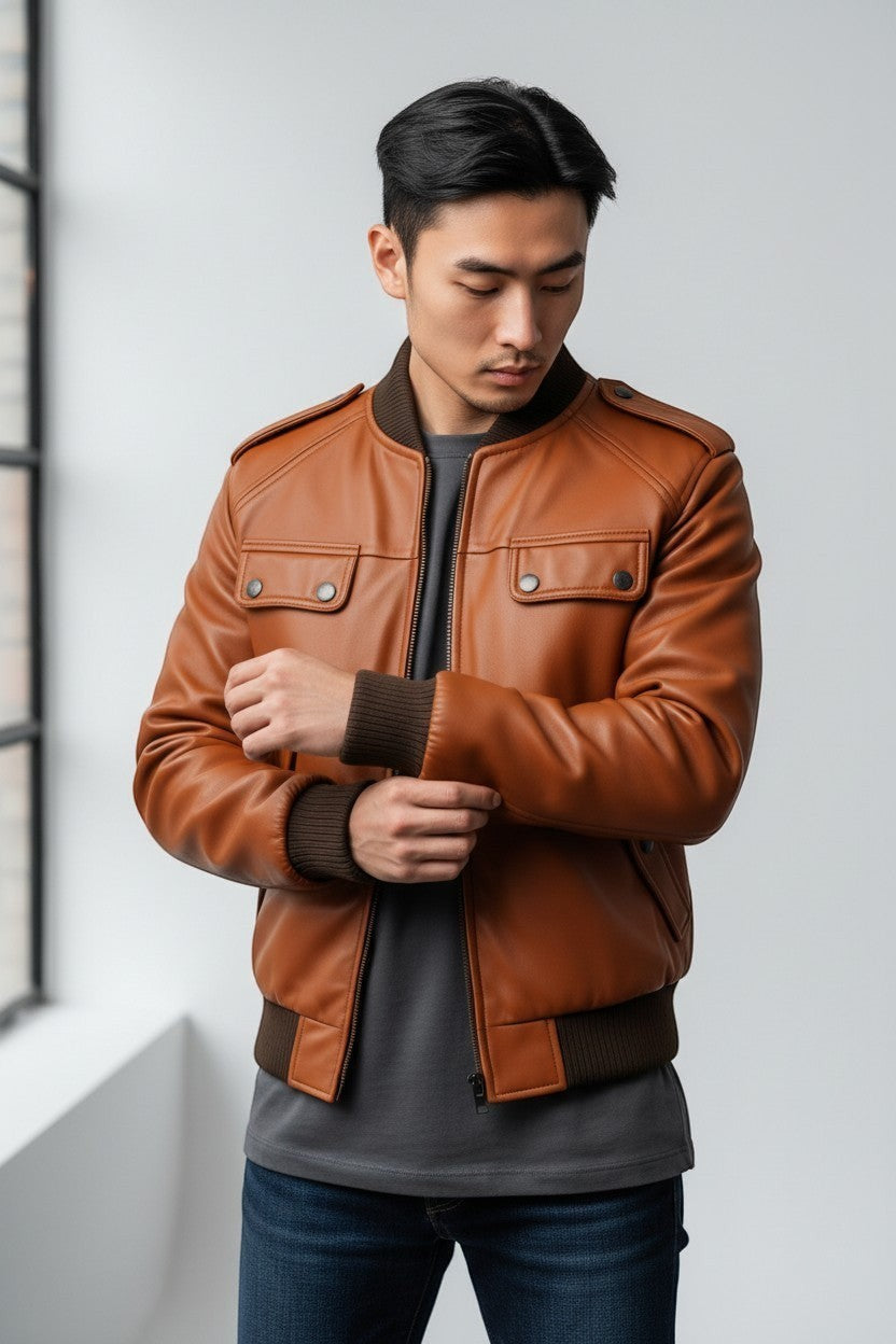 Scarlett Stitch men's tan faux leather bomber jacket with ribbed collar, cuffs, and hem. Features snap chest pockets.