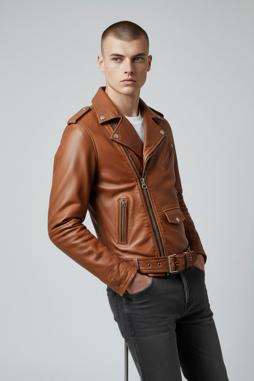 Scarlett Stitch tan leather biker jacket with asymmetrical zip, notched lapels, and belt on a male model