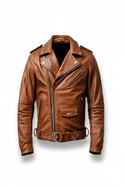 Scarlett Stitch tan leather biker jacket with asymmetrical zip, notched lapels, and waist belt on white background.