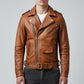 Scarlett Stitch tan leather biker jacket with asymmetrical zip, notched lapels, and waist belt worn by a male model.