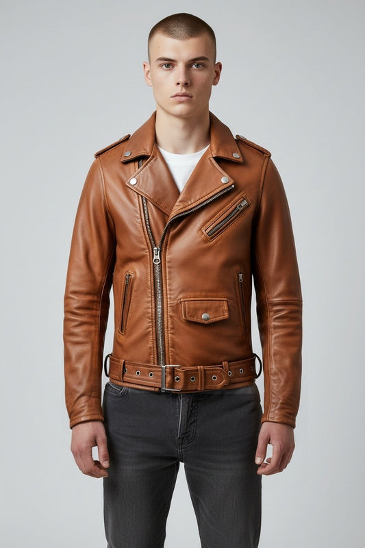 Scarlett Stitch tan leather biker jacket with asymmetrical zip, notched lapels, and waist belt worn by a male model.