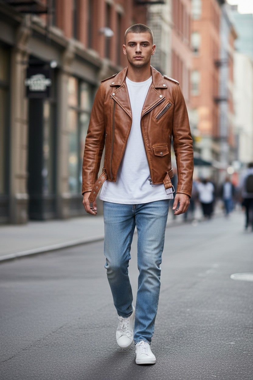 Man wearing a Scarlett Stitch tan leather biker jacket with asymmetrical zip, belt, and epaulets on a city street.