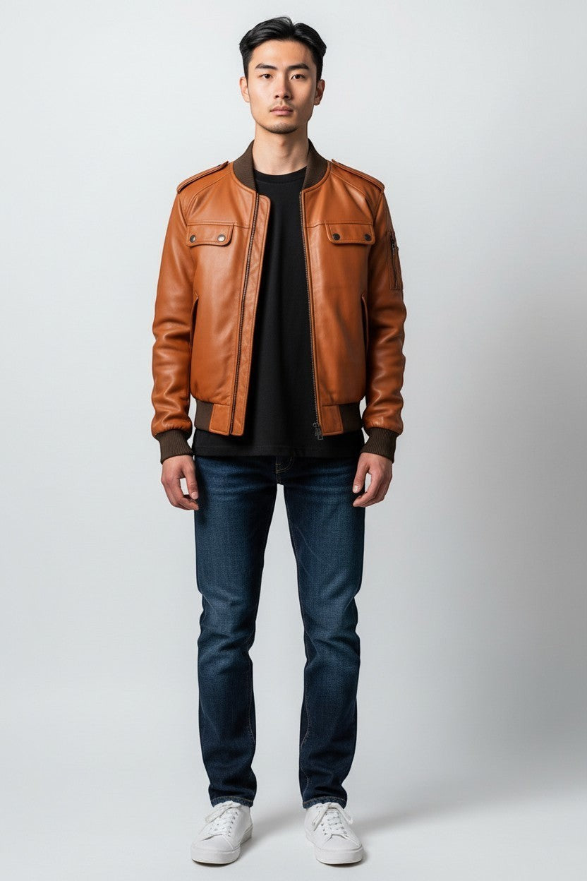 Scarlett Stitch men's tan genuine leather bomber jacket with ribbed collar, cuffs, and hem. Features zip front, chest flap pockets, and side welt pockets.