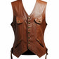 Scarlett Stitch tan leather vest with button-front closure, utility pockets, and adjustable side straps.
