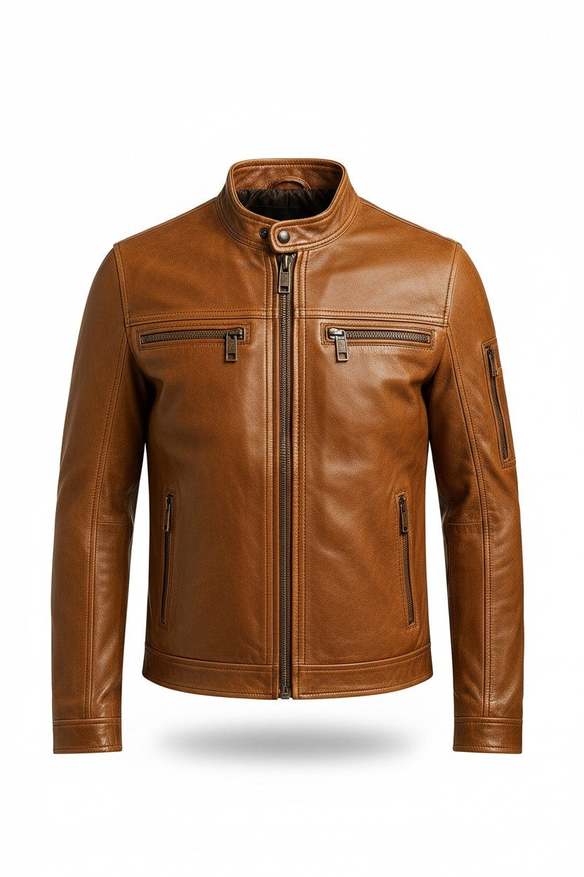 Scarlett Stitch tan leather cafe racer moto jacket with zippered pockets and snap collar