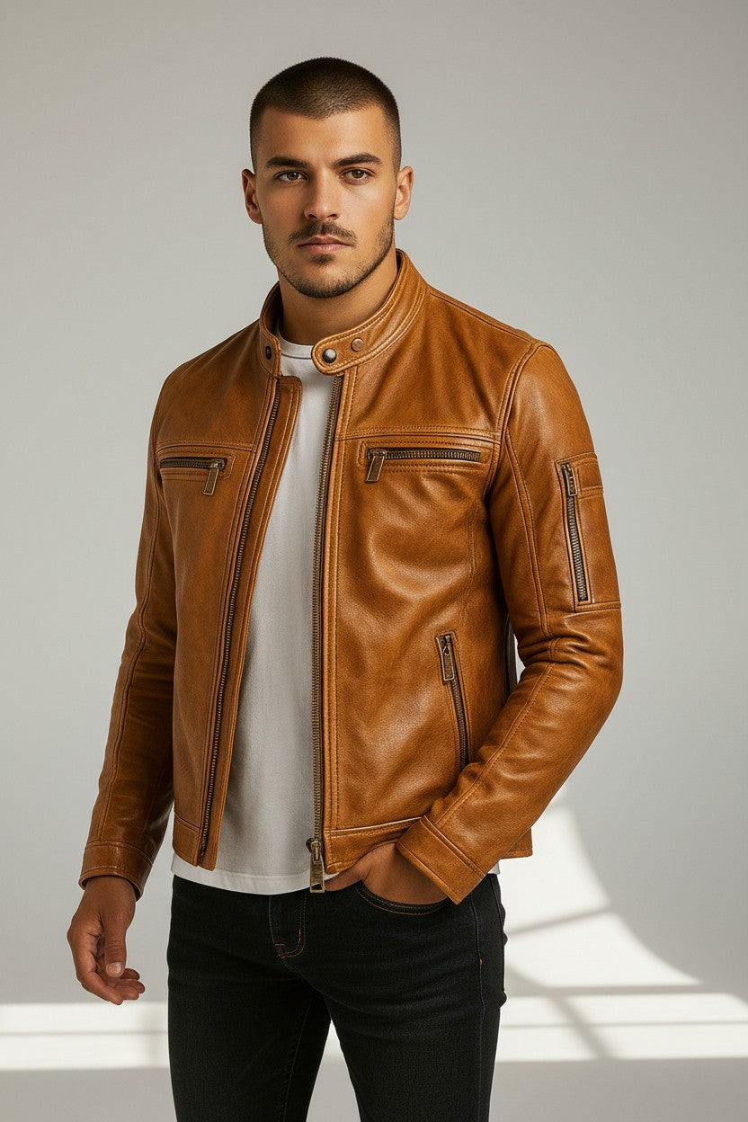 Scarlett Stitch tan leather cafe racer moto jacket with zippered pockets and snap collar worn by a man