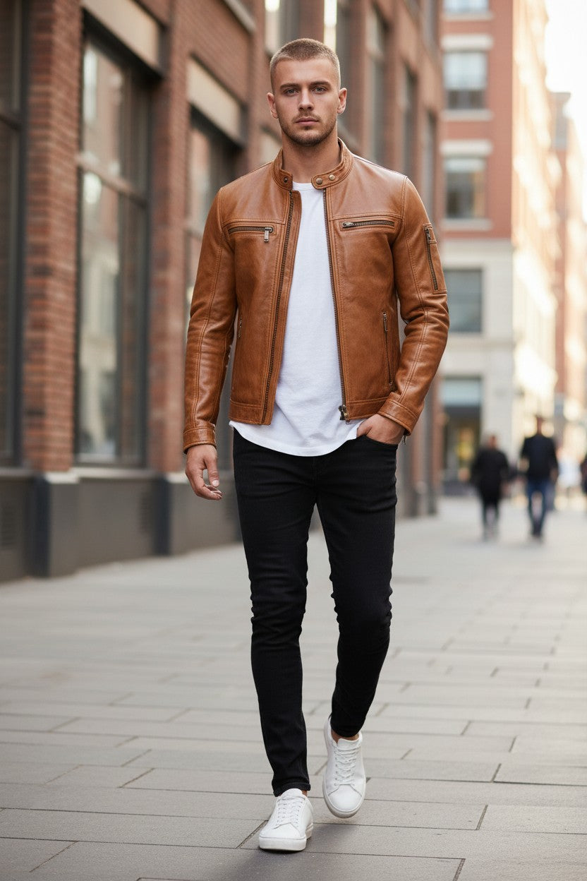 Scarlett Stitch tan leather cafe racer jacket with zippered pockets worn by a man in black jeans and white sneakers.