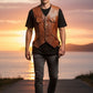 Man wearing a Scarlett Stitch tan leather button-front vest with utility pockets at sunset by the ocean.