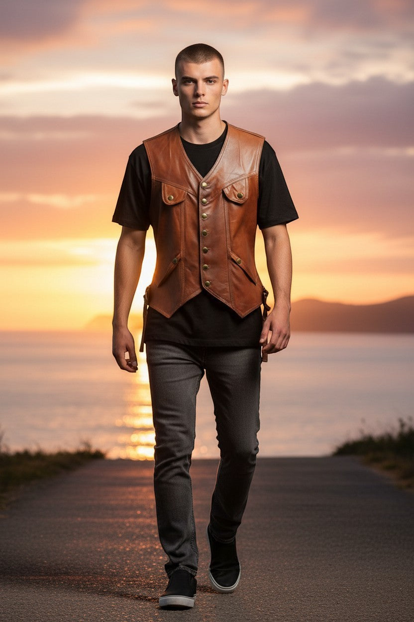 Man wearing a Scarlett Stitch tan leather button-front vest with utility pockets at sunset by the ocean.