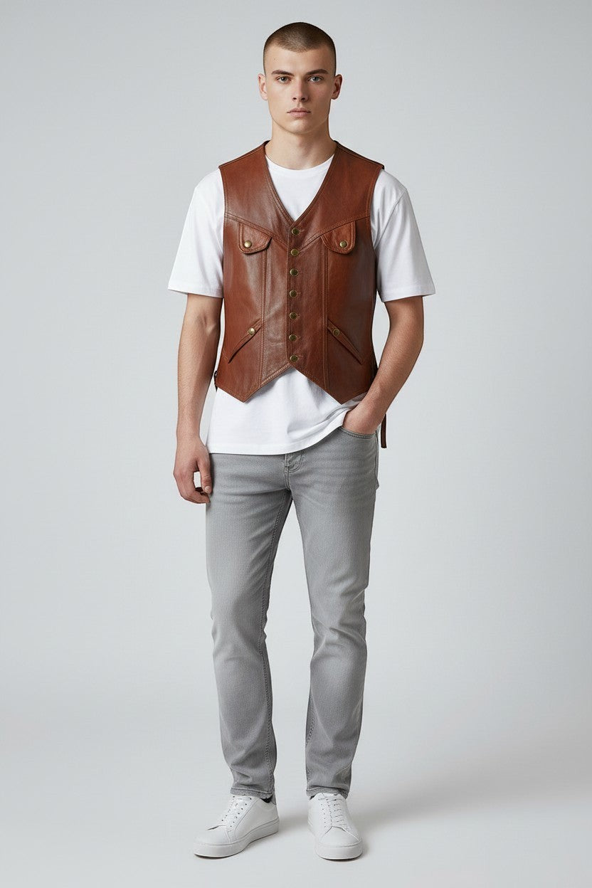 Model wearing a Scarlett Stitch tan leather vest with button front, utility pockets, and white t-shirt over grey jeans.