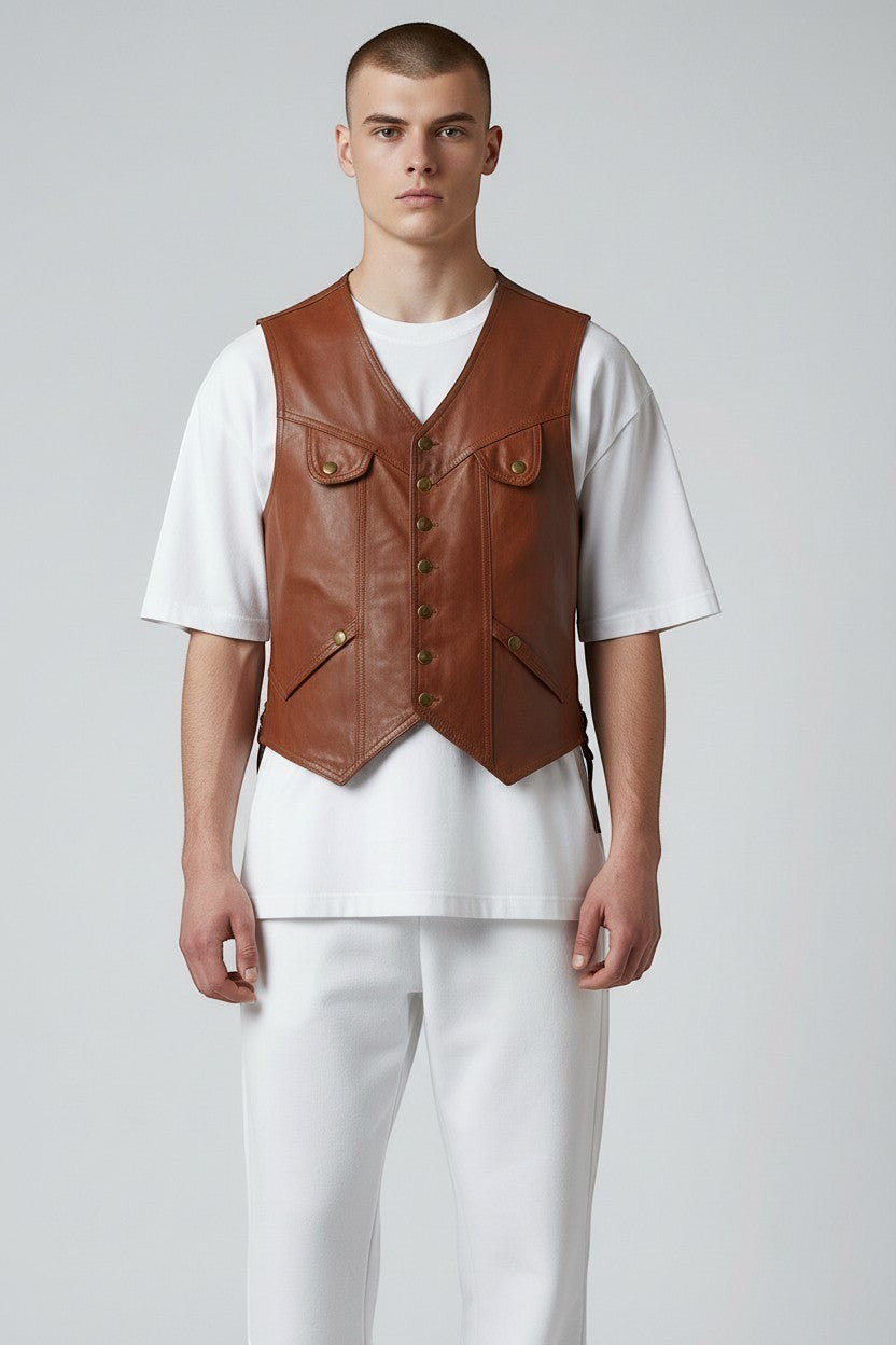 Scarlett Stitch tan leather button-front vest with utility pockets worn by a model over a white t-shirt.