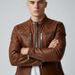 Scarlett Stitch men's tan leather biker jacket with quilted shoulders, mandarin collar, and silver-tone hardware.