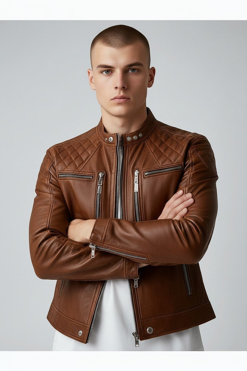 Scarlett Stitch men's tan leather biker jacket with quilted shoulders, mandarin collar, and silver-tone hardware.