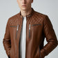 Scarlett Stitch men's tan leather biker jacket with quilted shoulders, mandarin collar, and silver-tone hardware.