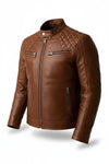 Scarlett Stitch men's tan leather biker jacket with quilted shoulders, mandarin collar, and silver-tone zip pockets.