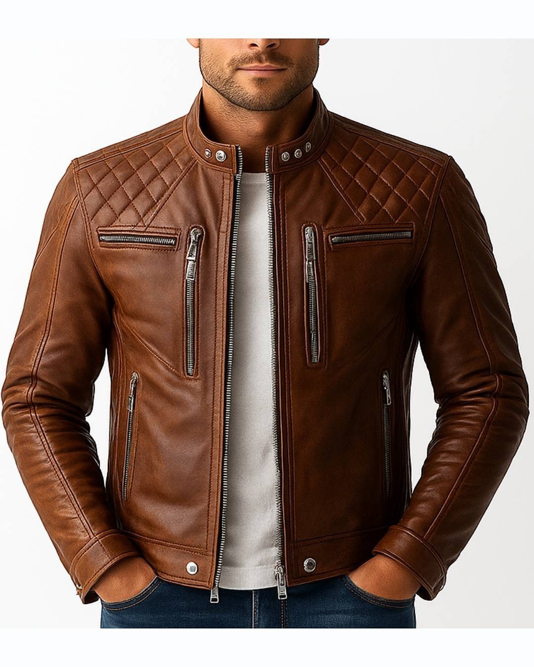 Scarlett Stitch men's tan leather biker jacket with quilted shoulder panels, mandarin collar, and silver zippers.