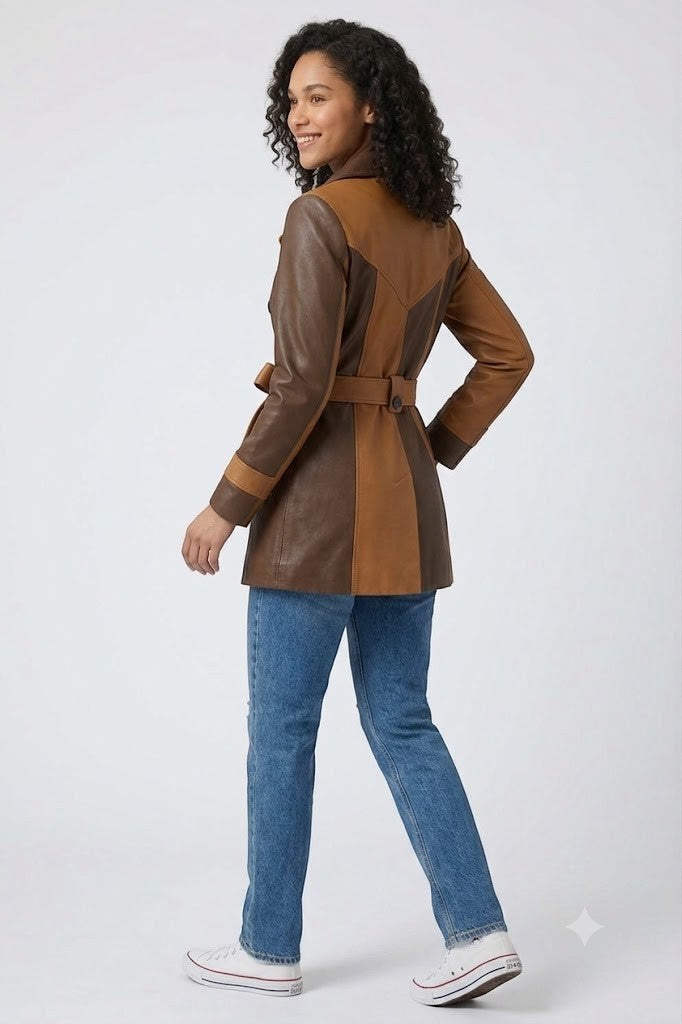 Scarlett Stitch women's two-tone brown leather belted trench coat with notched lapel and button cuffs.