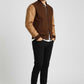 Scarlett Stitch Men's brown wool-blend bomber jacket with tan leather sleeves, ribbed collar, cuffs, and hem.