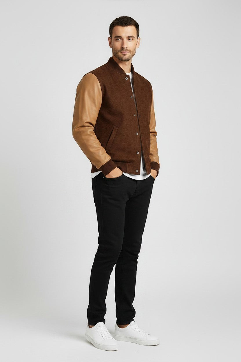 Scarlett Stitch Men's brown wool-blend bomber jacket with tan leather sleeves, ribbed collar, cuffs, and hem.