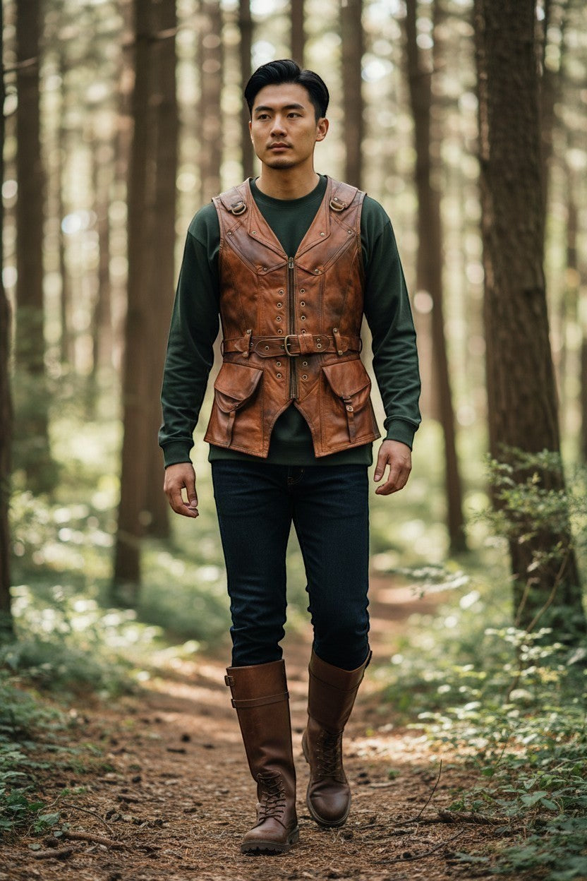 Man wearing a Scarlett Stitch distressed brown leather utility vest with a belt and pockets in a forest setting.