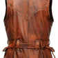 Scarlett Stitch vintage style brown distressed leather utility vest with adjustable waist belt and metal hardware.
