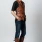 Man wearing a Scarlett Stitch distressed brown leather utility vest with a waist belt and front pockets.