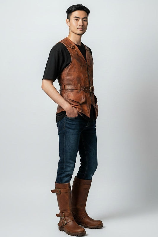 Man wearing a Scarlett Stitch distressed brown leather utility vest with a waist belt and front pockets.