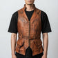 Model wearing a Scarlett Stitch vintage-style distressed brown leather utility vest with belt and front pockets.